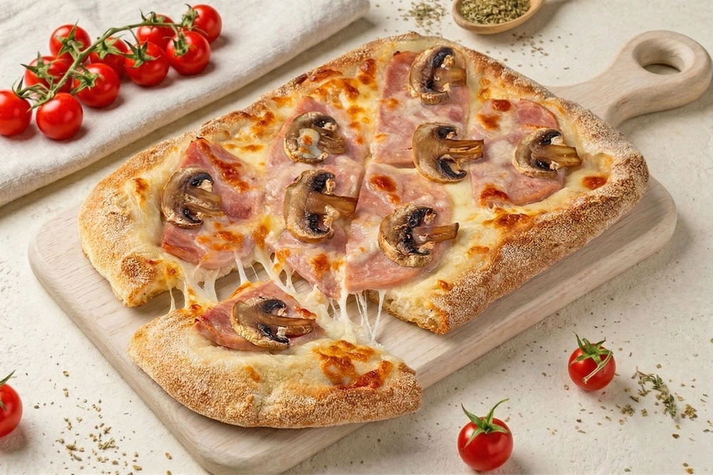 пицца с ветчиной и грибами